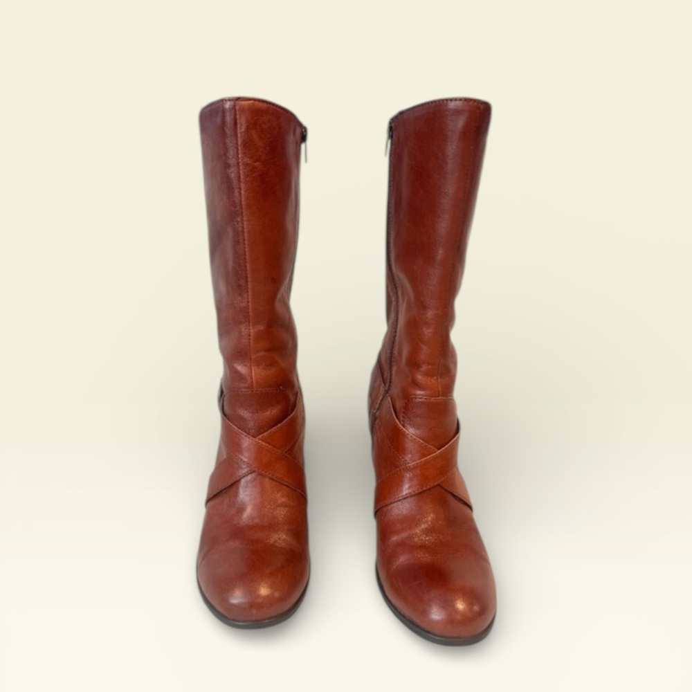 Born Brown Leather Strappy Handcrafted 3 inch Party High Heels Calf Boots Sz 9